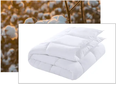 Stacked white comforters superimposed on a cotton field background, showcased as a single product in Elementor #15395.