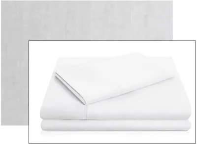 A neatly folded stack of white bed sheets and pillowcases is displayed on a plain white background.