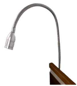 A flexible, metallic ImpulseEssence36 gooseneck lamp is attached to the edge of a wooden surface and extends upward and outward.