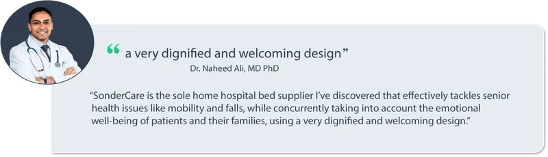 A doctor in a lab coat provides a positive testimonial about a single product from a hospital bed supplier.