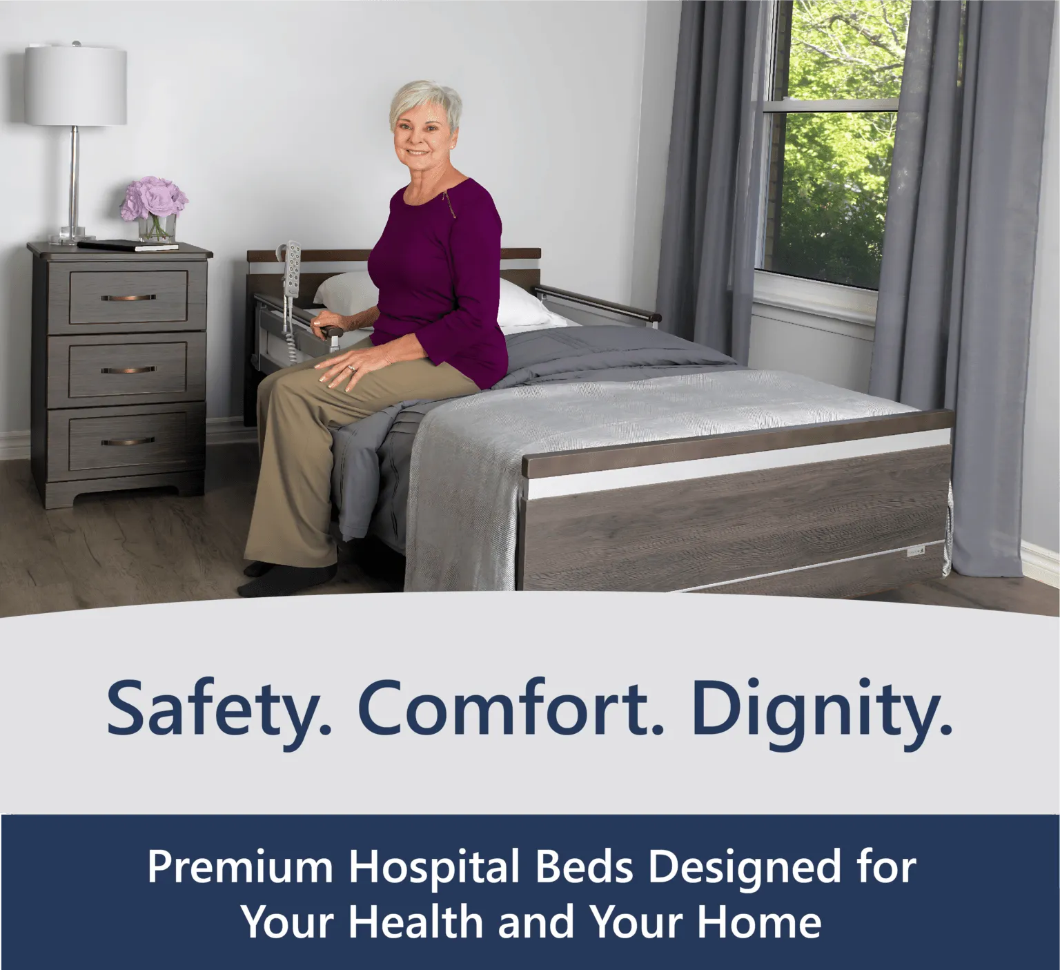 SonderCare Aura premium home hospital bed in a bedroom — Safety. Comfort. Dignity.