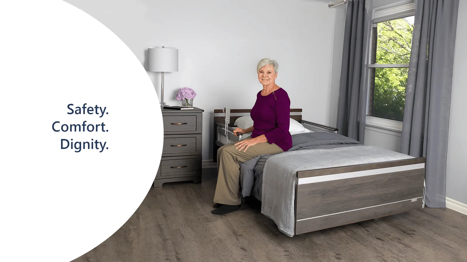 SonderCare Aura premium home hospital bed in a bedroom — Safety. Comfort. Dignity.