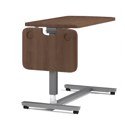 Adjustable overbed table with a tilting wooden top and wheeled base, ideal for #15395.