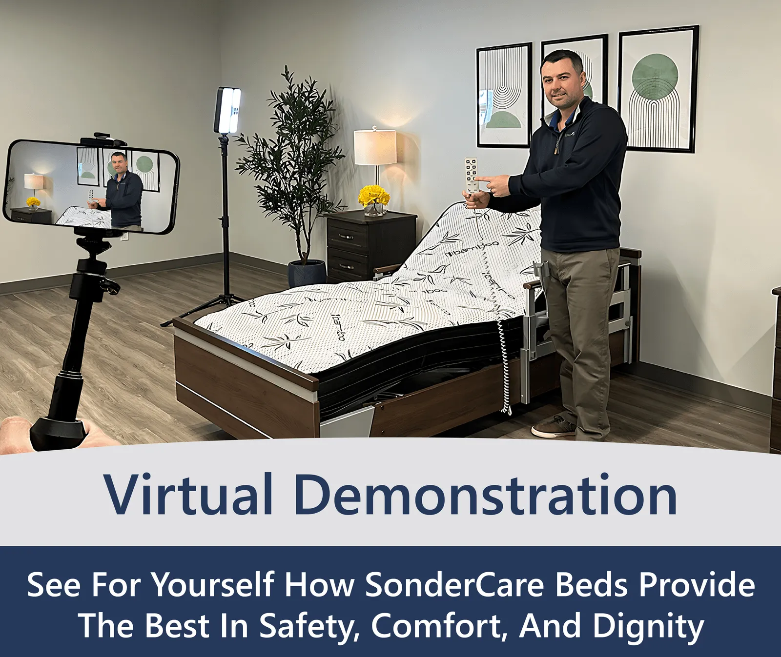 A SonderCare expert giving a live video demonstration of an Aura bed
