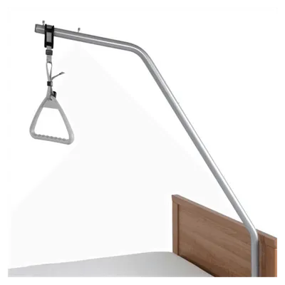 Over-bed hospital table with adjustable triangular grip handle, #15395.