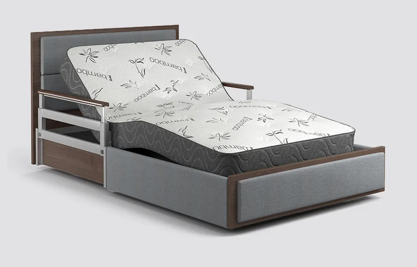 Adjustable Aura Platinum 48" with a dual-section mattress and wooden frame, shown in a semi-upright position.