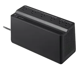 Black uninterruptible power supply (UPS) with six outlets on the top, a power button, and a connected power cord.