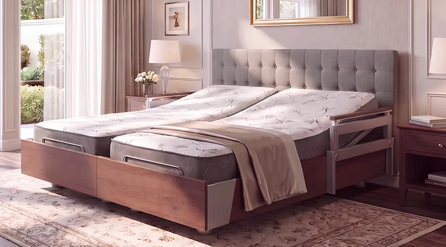 A modern bedroom features an adjustable split king bed with a tufted headboard, separate mattresses, and neutral bedding, positioned near windows and decorated with contemporary furniture.
