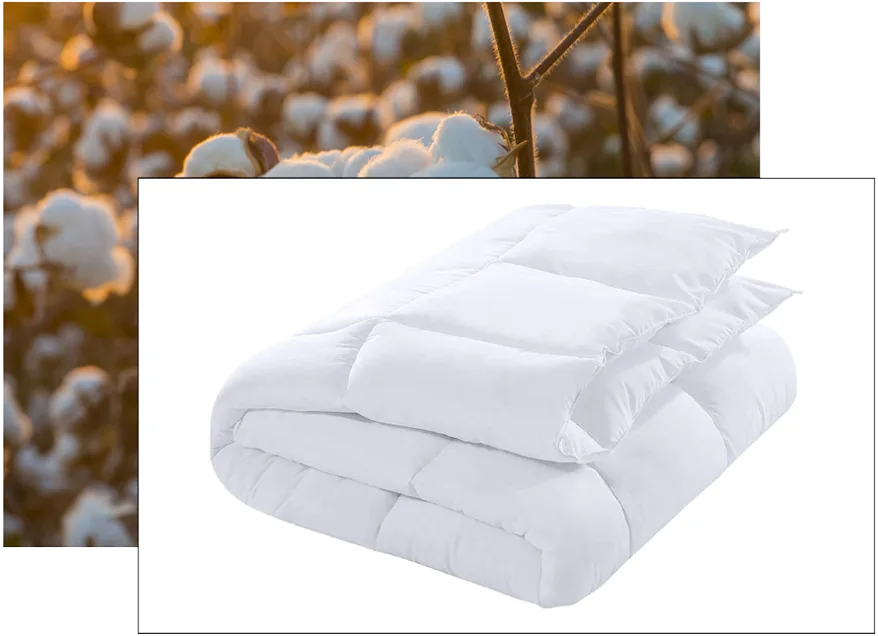 A white folded comforter is placed in the foreground. In the background, there is a blurred image of a cotton field.