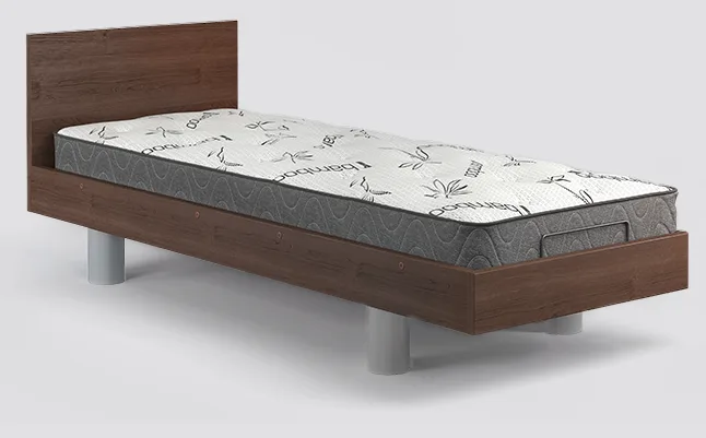 Single wooden bed frame with headboard, featuring a patterned mattress on top. The bed has cylindrical silver legs and is placed against a plain light background.