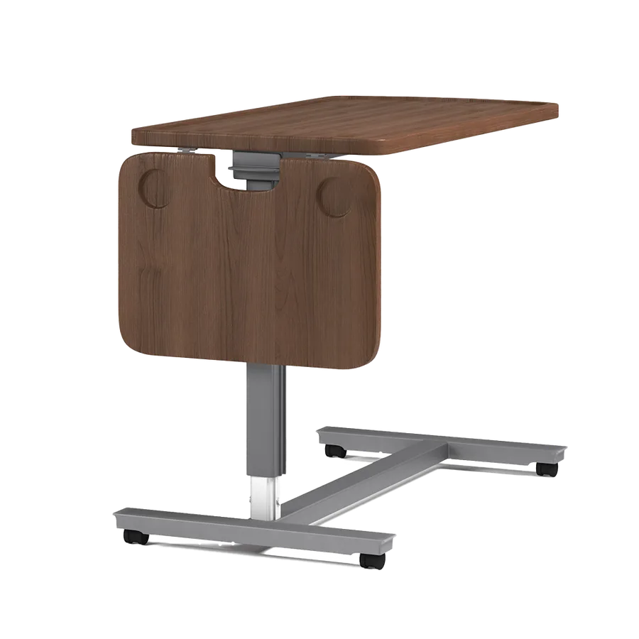 The SonderCare adjustable wooden side table features a sleek metal base with wheels for easy mobility.