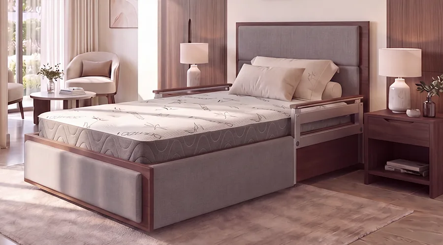 A modern bedroom with a Platinum 48 single adjustable bed featuring safety rails, neutral bedding, two nightstands with lamps, a chair, and soft natural lighting.