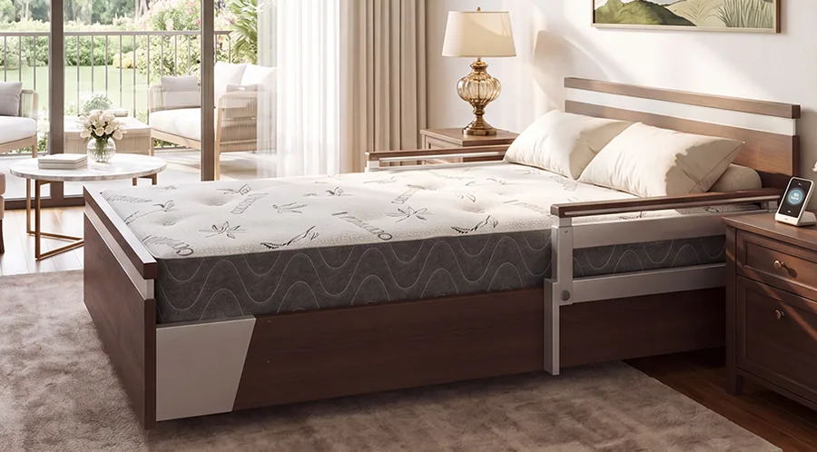 Modern wooden SonderCare hospital bed with side rails, a patterned mattress, and two pillows in a bright bedroom with large windows and a nightstand—experience the comfort and style of the premium 48 series.
