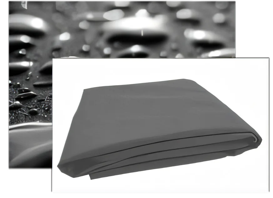 Folded waterproof fabric sheet on top of a background with water droplets.