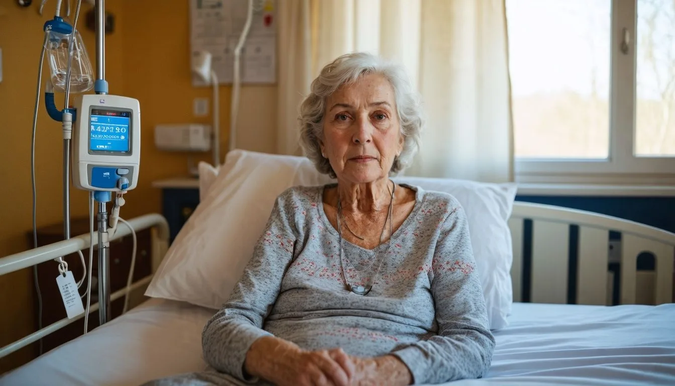 A woman with gray hair sits in a hospital bed, connected to an IV drip. She is wearing a gray long-sleeve shirt, and the room is lit by natural light from a window. How do you get a bedridden patient out of a hospital bed in this peaceful setting?