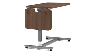 The SonderCare adjustable wooden side table features a sleek metal base with wheels for easy mobility.