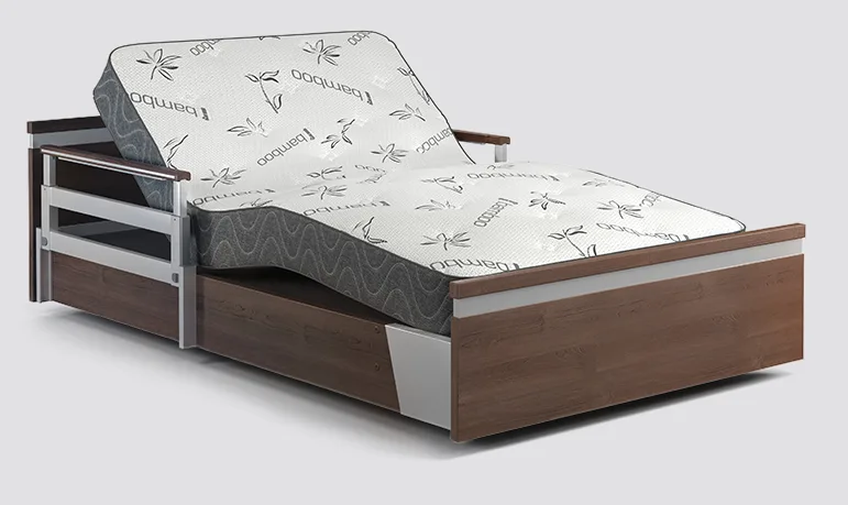 Aura Premium 48" Seniors Bed with a wooden frame and a patterned mattress.