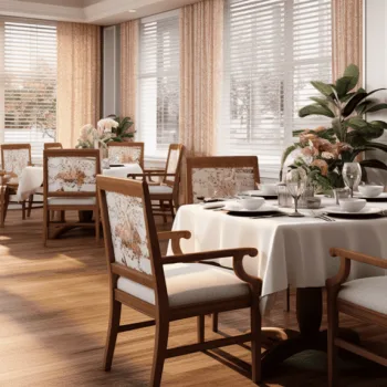 3D rendering of a nursing home dining room.